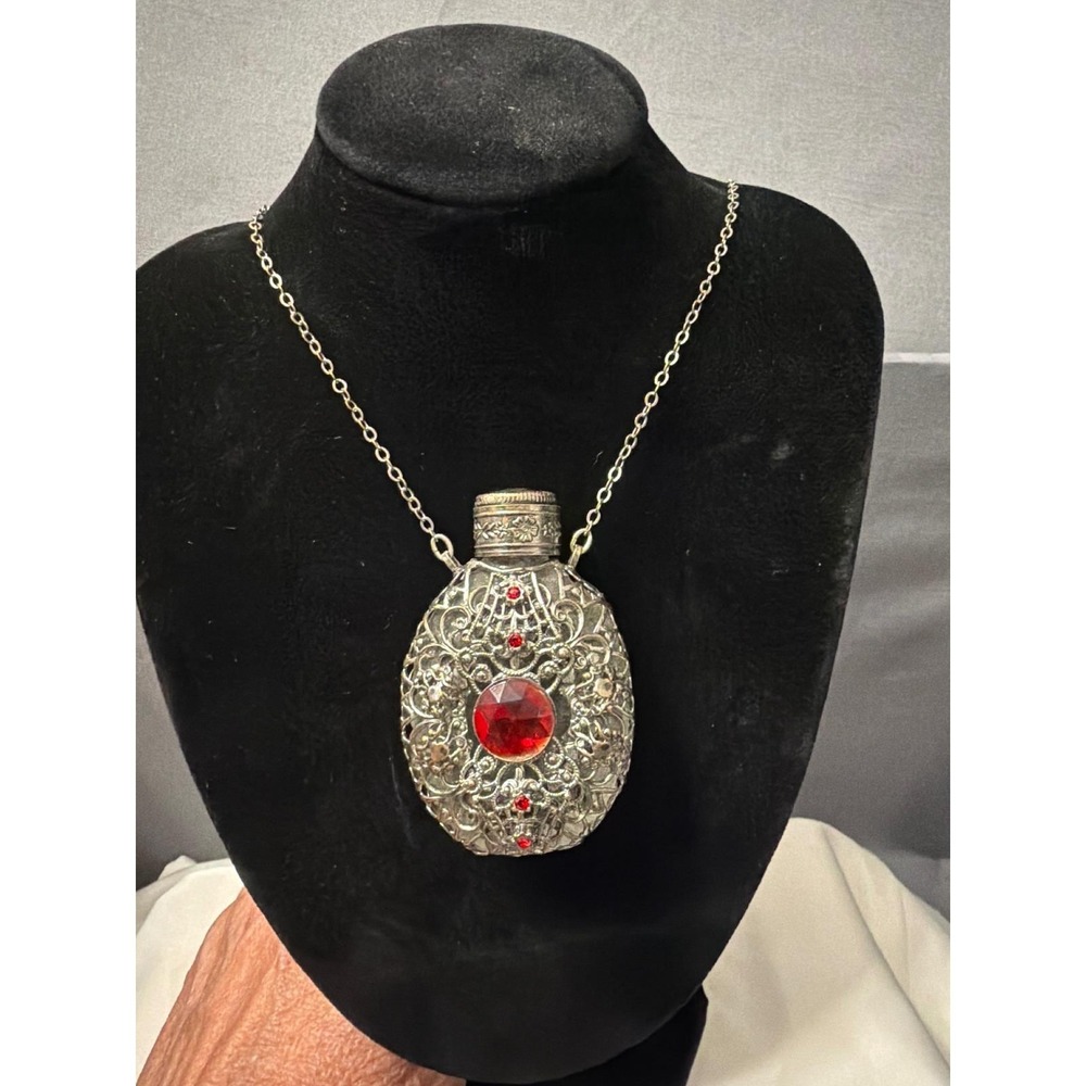 Vintage Ornate Filigree Perfume Bottle Necklace Red Stone Glass Vial Pendant